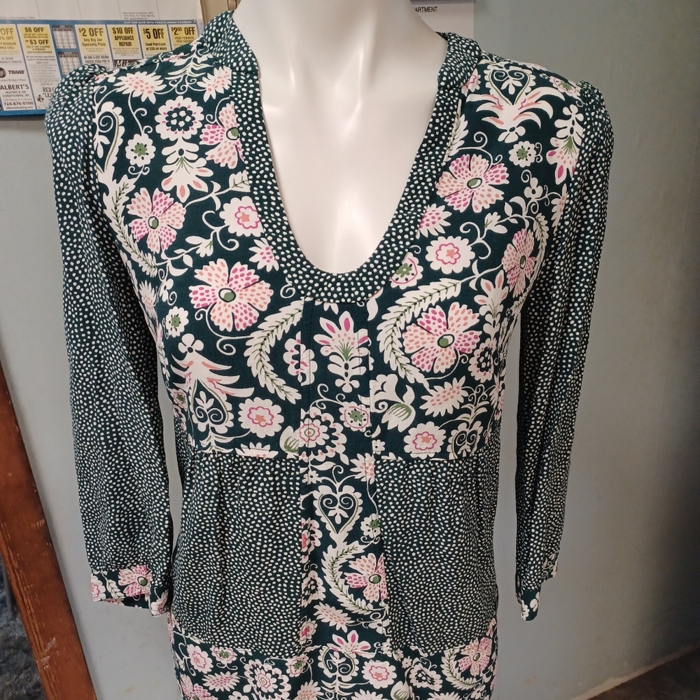 Boden pullover shirt womens size 6 3/4 sleeve green floral Cottagecore